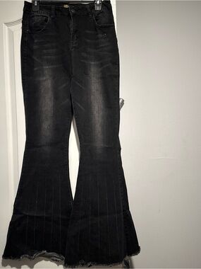 L&B Black Washed Flare Wide Leg Jeans with Raw Hem